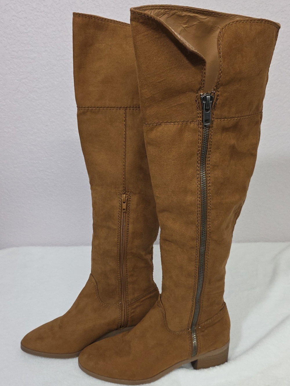 A New Day Knee High Boots Cognac Brown Side Zip Block Heel Size 10